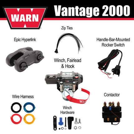 WARN Vantage 2000 12V DC Electric Winch for ATV UTV Side-by-Side (108212), 2000 lb Pulling Capacity, 55 Ft Steel Wire Rope, Fully Sealed Motor, Roller Fairlead, Includes "H" shaped hyperlink shackle