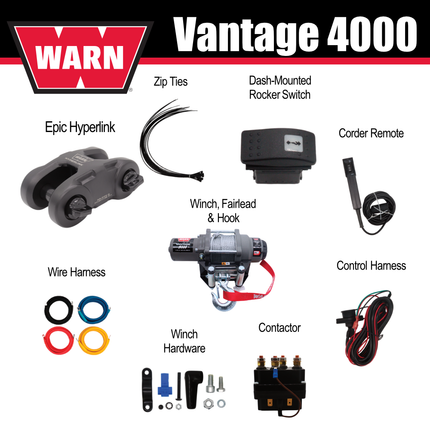 WARN Vantage 4000 12V DC Electric Winch for ATV/UTV Side-by-Side (108214), 4000 lb Pull Capacity, 55 Ft 7/32" Steel Wire Rope, Roller Fairlead, Fully Sealed, Wired Remote, "H" shaped hyperlink shackle