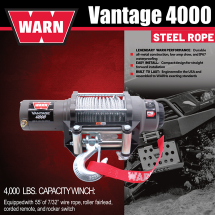 WARN Vantage 4000 12V DC Electric Winch for ATV/UTV Side-by-Side (108214), 4000 lb Pull Capacity, 55 Ft 7/32" Steel Wire Rope, Roller Fairlead, Fully Sealed, Wired Remote, "H" shaped hyperlink shackle