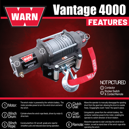 WARN Vantage 4000 12V DC Electric Winch for ATV/UTV Side-by-Side (108214), 4000 lb Pull Capacity, 55 Ft 7/32" Steel Wire Rope, Roller Fairlead, Fully Sealed, Wired Remote, "H" shaped hyperlink shackle
