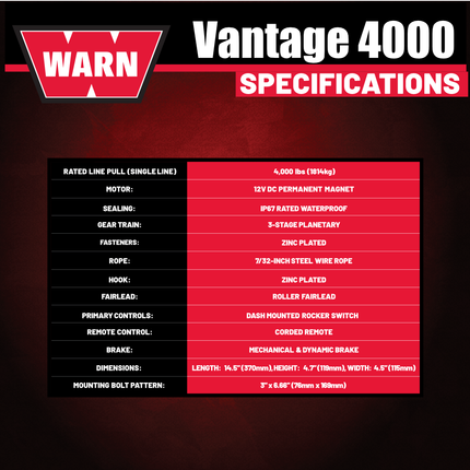 WARN Vantage 4000 12V DC Electric Winch for ATV/UTV Side-by-Side (108214), 4000 lb Pull Capacity, 55 Ft 7/32" Steel Wire Rope, Roller Fairlead, Fully Sealed, Wired Remote, "H" shaped hyperlink shackle