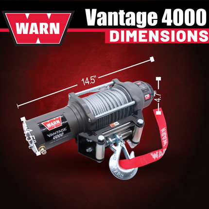 WARN Vantage 4000 12V DC Electric Winch for ATV/UTV Side-by-Side (108214), 4000 lb Pull Capacity, 55 Ft 7/32" Steel Wire Rope, Roller Fairlead, Fully Sealed, Wired Remote, "H" shaped hyperlink shackle