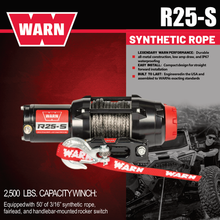 Warn R25-S Rope Winch - 2,500 lb. Pulling Capacity with EPIC Hyperlink H-Shackle