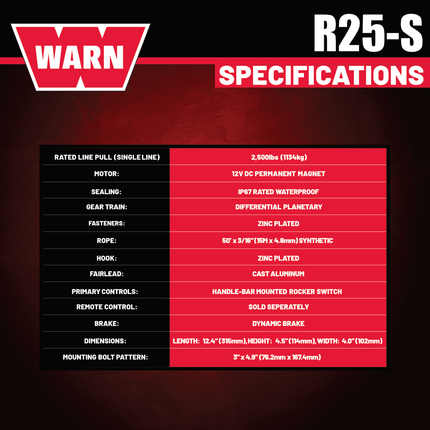 Warn R25-S Rope Winch - 2,500 lb. Pulling Capacity with EPIC Hyperlink H-Shackle