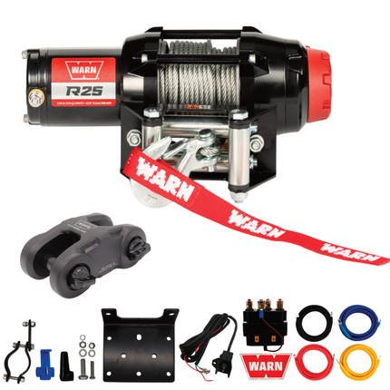 Warn R25 Wire Rope Winch - 2,500 lb Pulling Capacity, 50ft of Steel Rope, Remote-Mounted Rocker Switch, Roller fairlead for ATV, UTV, Side by Side, SXS Recovery & Towing, Includes Hyperlink Shackle
