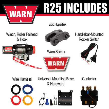 Warn R25 Wire Rope Winch - 2,500 lb Pulling Capacity, 50ft of Steel Rope, Remote-Mounted Rocker Switch, Roller fairlead for ATV, UTV, Side by Side, SXS Recovery & Towing, Includes Hyperlink Shackle