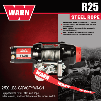 Warn R25 Wire Rope Winch - 2,500 lb Pulling Capacity, 50ft of Steel Rope, Remote-Mounted Rocker Switch, Roller fairlead for ATV, UTV, Side by Side, SXS Recovery & Towing, Includes Hyperlink Shackle