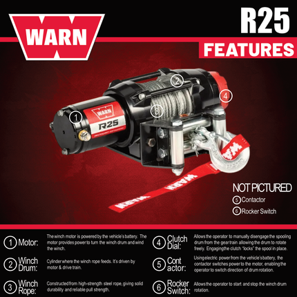 Warn R25 Wire Rope Winch - 2,500 lb Pulling Capacity, 50ft of Steel Rope, Remote-Mounted Rocker Switch, Roller fairlead for ATV, UTV, Side by Side, SXS Recovery & Towing, Includes Hyperlink Shackle