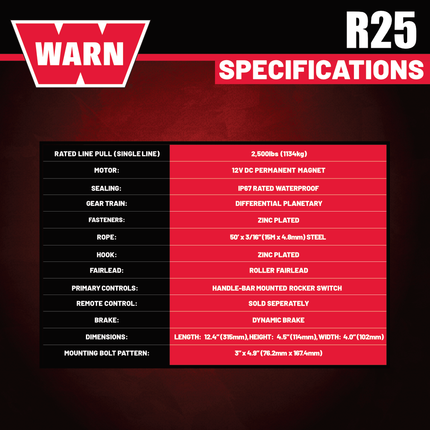 Warn R25 Wire Rope Winch - 2,500 lb Pulling Capacity, 50ft of Steel Rope, Remote-Mounted Rocker Switch, Roller fairlead for ATV, UTV, Side by Side, SXS Recovery & Towing, Includes Hyperlink Shackle