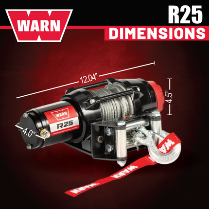 Warn R25 Wire Rope Winch - 2,500 lb Pulling Capacity, 50ft of Steel Rope, Remote-Mounted Rocker Switch, Roller fairlead for ATV, UTV, Side by Side, SXS Recovery & Towing, Includes Hyperlink Shackle