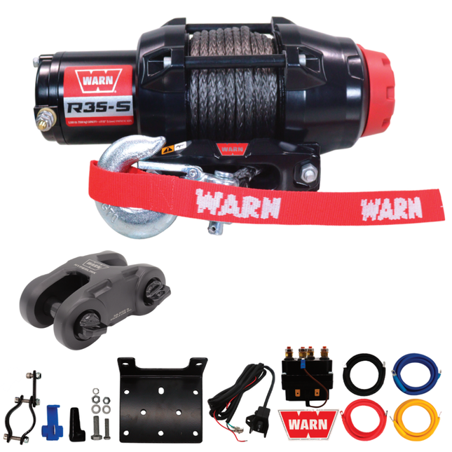 Warn R35-S Wire Rope Winch - 3,500lb Pulling Capacity, 50ft of Synth. Rope, Remote-Mounted Rocker Switch, Roller fairlead for ATV, UTV, Side by Side, SXS Recovery & Towing, Includes Hyperlink Shackle