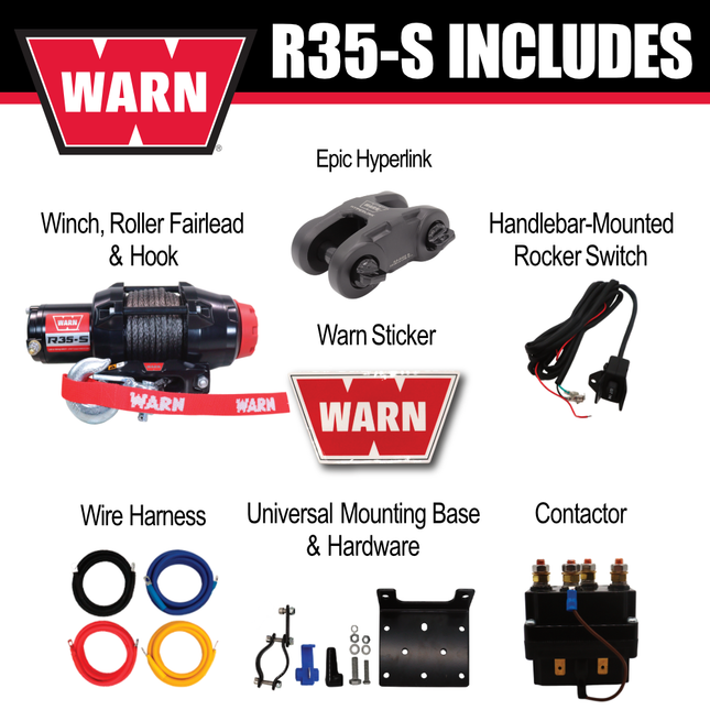 Warn R35-S Wire Rope Winch - 3,500lb Pulling Capacity, 50ft of Synth. Rope, Remote-Mounted Rocker Switch, Roller fairlead for ATV, UTV, Side by Side, SXS Recovery & Towing, Includes Hyperlink Shackle