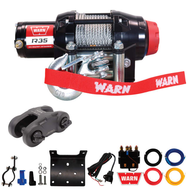 Warn R35 Wire Rope Winch - 3,500 lb Pulling Capacity, 50ft of Steel Rope, Remote-Mounted Rocker Switch, Roller fairlead for ATV, UTV, Side by Side, SXS Recovery & Towing, Includes Hyperlink Shackle