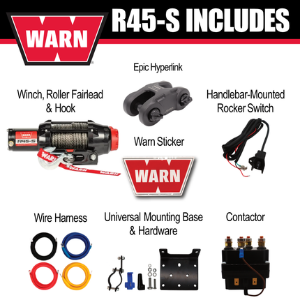 Warn R45-S Wire Rope Winch - 4,500lb Pulling Capacity, 50ft of Synth. Rope, Remote-Mounted Rocker Switch, Roller fairlead for ATV, UTV, Side by Side, SXS Recovery & Towing, Includes Hyperlink Shackle