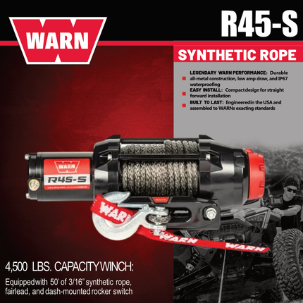 Warn R45-S Wire Rope Winch - 4,500lb Pulling Capacity, 50ft of Synth. Rope, Remote-Mounted Rocker Switch, Roller fairlead for ATV, UTV, Side by Side, SXS Recovery & Towing, Includes Hyperlink Shackle