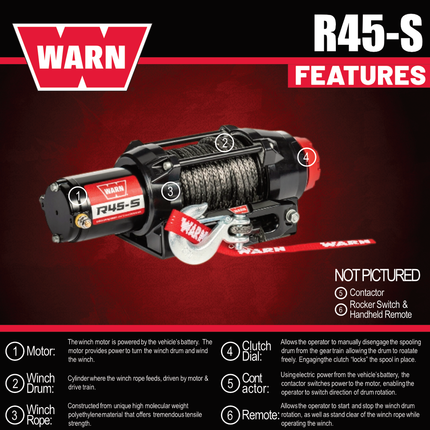 Warn R45-S Wire Rope Winch - 4,500lb Pulling Capacity, 50ft of Synth. Rope, Remote-Mounted Rocker Switch, Roller fairlead for ATV, UTV, Side by Side, SXS Recovery & Towing, Includes Hyperlink Shackle