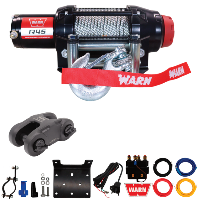 Warn R45 Wire Rope Winch - 3,500 lb Pulling Capacity, 50ft of Steel Rope, Remote-Mounted Rocker Switch, Roller fairlead for ATV, UTV, Side by Side, SXS Recovery & Towing, Includes Hyperlink Shackle