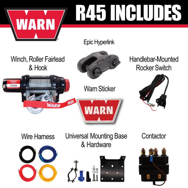 Warn R45 Wire Rope Winch - 3,500 lb Pulling Capacity, 50ft of Steel Rope, Remote-Mounted Rocker Switch, Roller fairlead for ATV, UTV, Side by Side, SXS Recovery & Towing, Includes Hyperlink Shackle
