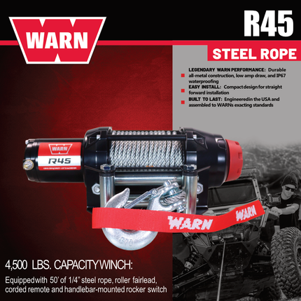 Warn R45 Wire Rope Winch - 3,500 lb Pulling Capacity, 50ft of Steel Rope, Remote-Mounted Rocker Switch, Roller fairlead for ATV, UTV, Side by Side, SXS Recovery & Towing, Includes Hyperlink Shackle