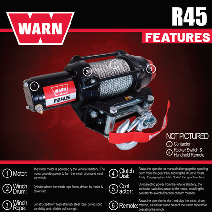 Warn R45 Wire Rope Winch - 3,500 lb Pulling Capacity, 50ft of Steel Rope, Remote-Mounted Rocker Switch, Roller fairlead for ATV, UTV, Side by Side, SXS Recovery & Towing, Includes Hyperlink Shackle
