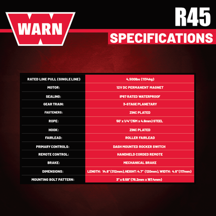 Warn R45 Wire Rope Winch - 3,500 lb Pulling Capacity, 50ft of Steel Rope, Remote-Mounted Rocker Switch, Roller fairlead for ATV, UTV, Side by Side, SXS Recovery & Towing, Includes Hyperlink Shackle