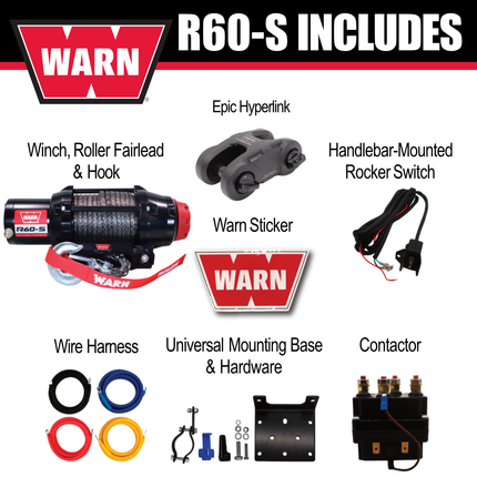 Warn R60-S Wire Rope Winch - 6,000lb Pulling Capacity, 50ft of Synth. Rope, Remote-Mounted Rocker Switch, Roller fairlead for ATV, UTV, Side by Side, SXS Recovery & Towing, Includes Hyperlink Shackle