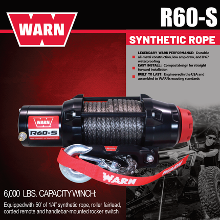 Warn R60-S Wire Rope Winch - 6,000lb Pulling Capacity, 50ft of Synth. Rope, Remote-Mounted Rocker Switch, Roller fairlead for ATV, UTV, Side by Side, SXS Recovery & Towing, Includes Hyperlink Shackle