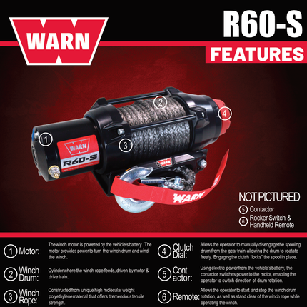 Warn R60-S Wire Rope Winch - 6,000lb Pulling Capacity, 50ft of Synth. Rope, Remote-Mounted Rocker Switch, Roller fairlead for ATV, UTV, Side by Side, SXS Recovery & Towing, Includes Hyperlink Shackle