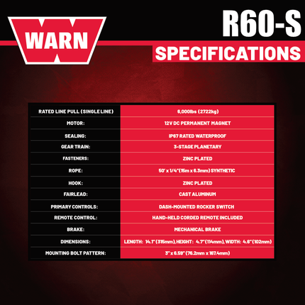 Warn R60-S Wire Rope Winch - 6,000lb Pulling Capacity, 50ft of Synth. Rope, Remote-Mounted Rocker Switch, Roller fairlead for ATV, UTV, Side by Side, SXS Recovery & Towing, Includes Hyperlink Shackle