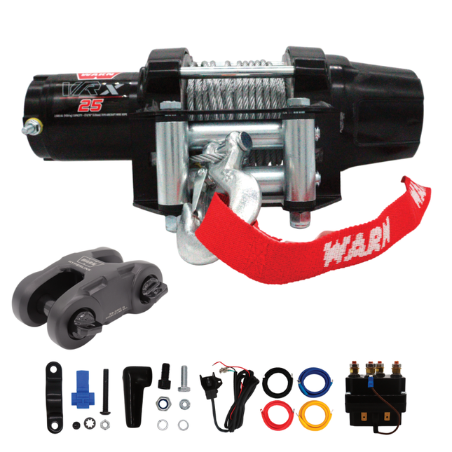 WARN VRX 25 Powersport Winch – 2,500 lb Line Pull Rating with Steel Rope, Waterproof IP68 Design for ATV/UTV Recovery, Trail Riding & Utility Work, Includes "H" shaped hyperlink shackle
