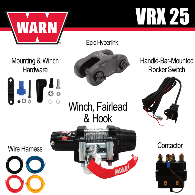 WARN VRX 25 Powersport Winch – 2,500 lb Line Pull Rating with Steel Rope, Waterproof IP68 Design for ATV/UTV Recovery, Trail Riding & Utility Work, Includes "H" shaped hyperlink shackle