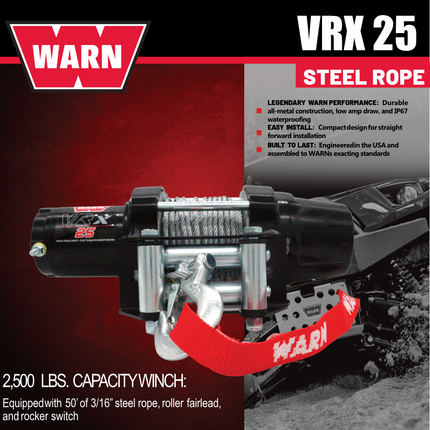 WARN VRX 25 Powersport Winch – 2,500 lb Line Pull Rating with Steel Rope, Waterproof IP68 Design for ATV/UTV Recovery, Trail Riding & Utility Work, Includes "H" shaped hyperlink shackle
