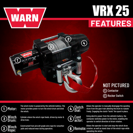 WARN VRX 25 Powersport Winch – 2,500 lb Line Pull Rating with Steel Rope, Waterproof IP68 Design for ATV/UTV Recovery, Trail Riding & Utility Work, Includes "H" shaped hyperlink shackle