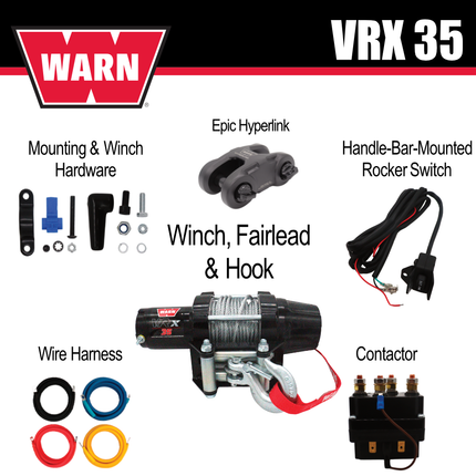 WARN VRX 35 Powersport Winch – 3,500 lb Line Pull Rating with Steel Rope, Waterproof IP68 Design for ATV/UTV Recovery, Trail Riding & Utility Work, Includes "H" shaped hyperlink shackle