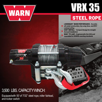 WARN VRX 35 Powersport Winch – 3,500 lb Line Pull Rating with Steel Rope, Waterproof IP68 Design for ATV/UTV Recovery, Trail Riding & Utility Work, Includes "H" shaped hyperlink shackle