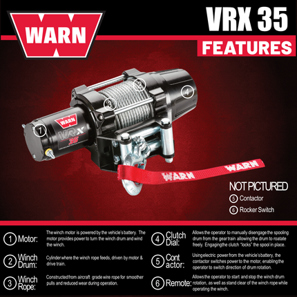 WARN VRX 35 Powersport Winch – 3,500 lb Line Pull Rating with Steel Rope, Waterproof IP68 Design for ATV/UTV Recovery, Trail Riding & Utility Work, Includes "H" shaped hyperlink shackle