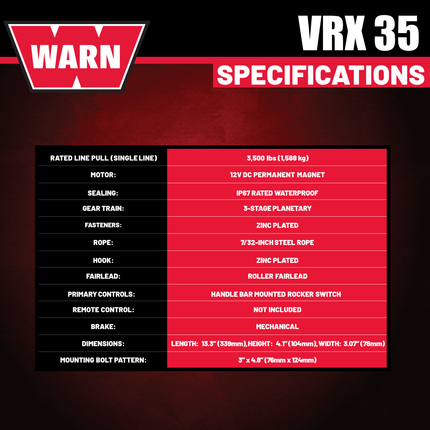WARN VRX 35 Powersport Winch – 3,500 lb Line Pull Rating with Steel Rope, Waterproof IP68 Design for ATV/UTV Recovery, Trail Riding & Utility Work, Includes "H" shaped hyperlink shackle