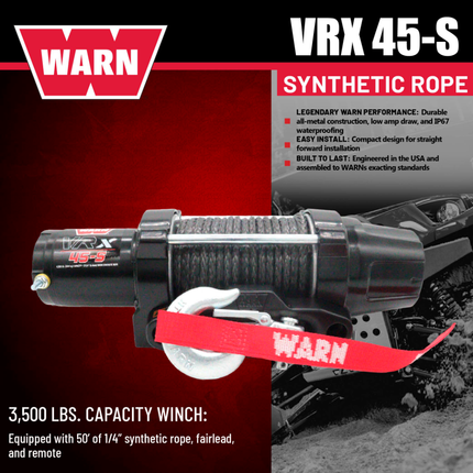 WARN VRX 45-S Powersport Winch – 4,500 lb Line Pull Rating, Synthetic Rope, Waterproof IP68 Design for ATV/UTV Recovery, Trail Riding & Utility Work, Includes "H" shaped hyperlink shackle