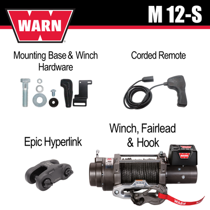 WARN M12-S Heavyweight Winch – 12,000 lb Pulling Capacity, Synthetic Rope, Advanced Sealed Motor, All-Metal Gear Train for Off-Road Recovery & Industrial Use,  Includes "H" shaped hyperlink shackle