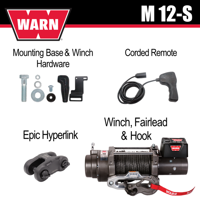 WARN M12-S Heavyweight Winch – 12,000 lb Pulling Capacity, Synthetic Rope, Advanced Sealed Motor, All-Metal Gear Train for Off-Road Recovery & Industrial Use,  Includes "H" shaped hyperlink shackle