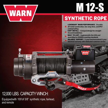 WARN M12-S Heavyweight Winch – 12,000 lb Pulling Capacity, Synthetic Rope, Advanced Sealed Motor, All-Metal Gear Train for Off-Road Recovery & Industrial Use,  Includes "H" shaped hyperlink shackle