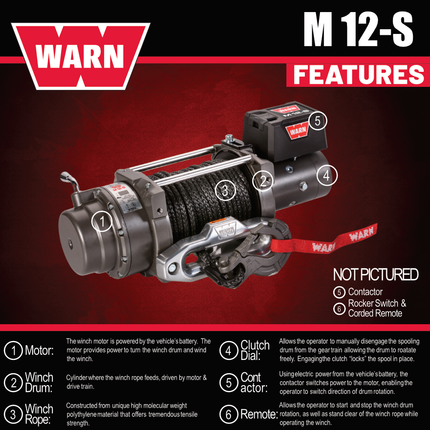 WARN M12-S Heavyweight Winch – 12,000 lb Pulling Capacity, Synthetic Rope, Advanced Sealed Motor, All-Metal Gear Train for Off-Road Recovery & Industrial Use,  Includes "H" shaped hyperlink shackle