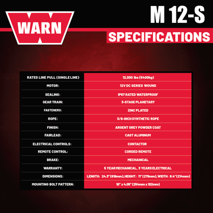 WARN M12-S Heavyweight Winch – 12,000 lb Pulling Capacity, Synthetic Rope, Advanced Sealed Motor, All-Metal Gear Train for Off-Road Recovery & Industrial Use,  Includes "H" shaped hyperlink shackle