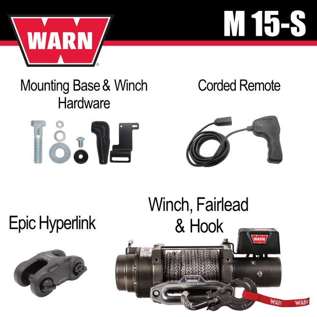 WARN M15-S Heavyweight Winch – 15,000 lb Pulling Capacity, Synthetic Rope, Advanced Sealed Motor, All-Metal Gear Train for Off-Road Recovery & Industrial Use,  Includes "H" shaped hyperlink shackle