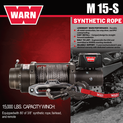 WARN M15-S Heavyweight Winch – 15,000 lb Pulling Capacity, Synthetic Rope, Advanced Sealed Motor, All-Metal Gear Train for Off-Road Recovery & Industrial Use,  Includes "H" shaped hyperlink shackle