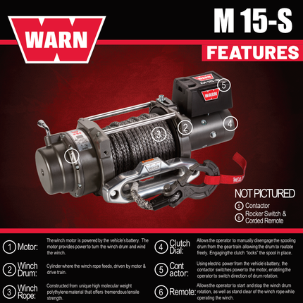 WARN M15-S Heavyweight Winch – 15,000 lb Pulling Capacity, Synthetic Rope, Advanced Sealed Motor, All-Metal Gear Train for Off-Road Recovery & Industrial Use,  Includes "H" shaped hyperlink shackle