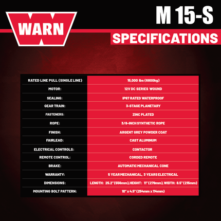 WARN M15-S Heavyweight Winch – 15,000 lb Pulling Capacity, Synthetic Rope, Advanced Sealed Motor, All-Metal Gear Train for Off-Road Recovery & Industrial Use,  Includes "H" shaped hyperlink shackle