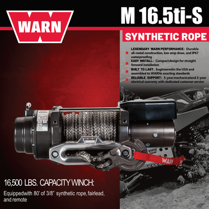WARN 16.5ti-S Heavyweight Winch – 16,500lb Pulling Capacity, Synthetic Rope,  Advanced Sealed Motor, All-Metal Gear Train for Off-Road Recovery & Industrial Use, Includes "H" shaped hyperlink shackle
