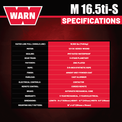 WARN 16.5ti-S Heavyweight Winch – 16,500lb Pulling Capacity, Synthetic Rope,  Advanced Sealed Motor, All-Metal Gear Train for Off-Road Recovery & Industrial Use, Includes "H" shaped hyperlink shackle