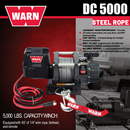 WARN 5000 DC Series, 5000lb Pulling Capacity, Heavy-Duty 12V w/ Steel Cable,Hook & Remote Control, Powerful Utility Winch for Trailers, Workshops, Etc, EPIC Dual Pin "H" Shape Shackle Hyperlink